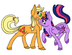 Size: 478x366 | Tagged: safe, artist:rebepony, applejack, twilight sparkle, alicorn, earth pony, pony, g4, duo, female, lesbian, no pupils, nuzzling, ship:twijack, shipping, simple background, twilight sparkle (alicorn), white background