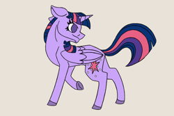 Size: 1024x683 | Tagged: safe, artist:rebepony, twilight sparkle, alicorn, pony, g4, floppy ears, looking back, no pupils, simple background, solo, tan background, twilight sparkle (alicorn)