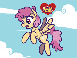 Size: 1800x1350 | Tagged: safe, artist:flutterluv, part of a set, dizzy twister, orange swirl, sunset shimmer, pegasus, pony, g4, atg 2022, dizzyshimmer, flying, heart, implied lesbian, implied shipping, implied sunset shimmer, newbie artist training grounds, part of a series, shipping, sky, solo