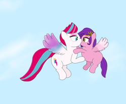 Size: 6048x5036 | Tagged: safe, artist:pinkiepie69, pipp petals, zipp storm, pegasus, pony, g5, chubby, female, flying, incest, kiss on the lips, kissing, lesbian, makeup, pipp is chubby, ship:petalstorm, shipping, siblings, sisters, sky background