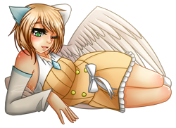 Size: 1047x764 | Tagged: safe, artist:kat-the-true-kitkat, oc, oc only, human, clothes, dress, humanized, one eye closed, simple background, smiling, solo, transparent background, winged humanization, wings, wink