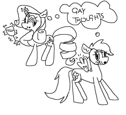 Size: 862x786 | Tagged: safe, artist:duckchip, rainbow dash, rarity, pegasus, pony, unicorn, g4, alcohol, blushing, colorless, female, glass, lesbian, lidded eyes, magic, monochrome, ms paint, ship:raridash, shipping, simple background, spread wings, telekinesis, wide eyes, wine, wine glass, wings