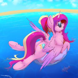 Size: 2048x2048 | Tagged: safe, artist:skitsroom, princess cadance, alicorn, fish, pony, g4, butt, chest fluff, dock, female, grin, happy, high res, inner tube, lovebutt, plot, smiling, solo, spread wings, sunglasses, tail, underhoof, water, wings