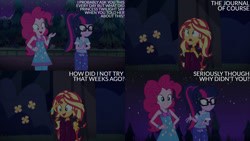 Size: 1280x720 | Tagged: safe, edit, edited screencap, editor:quoterific, screencap, pinkie pie, sci-twi, sunset shimmer, twilight sparkle, human, equestria girls, equestria girls specials, g4, my little pony equestria girls: better together, my little pony equestria girls: sunset's backstage pass, clothes, female, glasses, hand on hip, music festival outfit, night, nightgown, open mouth, open smile, pajamas, ponytail, smiling, text, trio, trio female