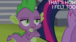 Size: 1280x720 | Tagged: safe, edit, edited screencap, editor:quoterific, screencap, spike, twilight sparkle, alicorn, dragon, pony, g4, horse play, season 8, crossed arms, female, male, mare, offscreen character, open mouth, solo, text, twilight sparkle (alicorn)