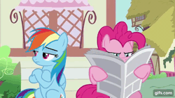 Size: 640x360 | Tagged: safe, screencap, pinkie pie, rainbow dash, earth pony, pegasus, pony, daring done?, g4, season 7, animated, bench, crossed hooves, duo, female, gif, gifs.com, mare, newspaper