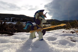 Size: 4608x3072 | Tagged: safe, artist:dingopatagonico, shining armor, pony, g4, armor, guardians of harmony, irl, misadventures of the guardians, photo, snow, solo, spear, toy, weapon