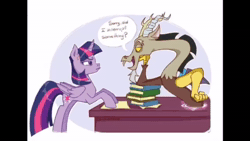 Size: 640x360 | Tagged: safe, artist:cerchionero, discord, twilight sparkle, alicorn, draconequus, pony, g4, animated, annoyed, ask, book, conbons, cross-popping veins, desk, discord being discord, duo, female, hand on hip, leaning, male, mare, seductive, simple background, sound, speech bubble, trolling, twilight sparkle (alicorn), twilight sparkle is not amused, unamused, webm