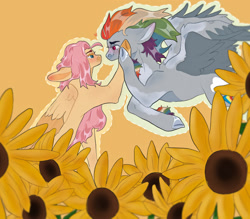 Size: 1160x1018 | Tagged: safe, artist:mystirey, fluttershy, rainbow dash, pegasus, pony, g4, duo, female, flower, hoof on face, lesbian, looking at each other, looking at someone, looking into each others eyes, mare, outline, ship:flutterdash, shipping, simple background, sunflower, yellow background