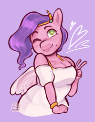 Size: 1234x1582 | Tagged: safe, artist:scribleydoodles, pipp petals, pegasus, anthro, g5, beauty mark, bracelet, breasts, busty pipp petals, clothes, dress, female, heart, jewelry, mare, one eye closed, peace sign, purple background, shoulderless, simple background, smiling, solo