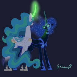 Size: 640x640 | Tagged: safe, artist:jollywolly546, nightmare moon, princess celestia, alicorn, changeling, pony, g4, curved horn, disguise, disguised changeling, duo, female, frown, glowing, glowing horn, horn, looking at each other, looking at someone, mare, peytral, signature, simple background, tail, teeth, transparent background, wings