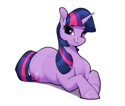 Size: 3600x3065 | Tagged: safe, artist:aquaticvibes, twilight sparkle, pony, unicorn, g4, cute, female, high res, looking at you, lying down, mare, prone, simple background, smiling, solo, twiabetes, unicorn twilight, white background