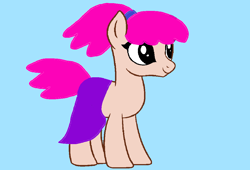 Size: 1102x748 | Tagged: safe, artist:disneyponyfan, artist:melodysweetheart, earth pony, pony, g4, 1000 hours in ms paint, base used, blue background, clothes, cyan background, female, mare, ms paint, pink hair, pink mane, pink tail, pinky dinky doo, pinky dinky doo (character), ponified, ponytail, purple skirt, simple background, skirt, smiling, solo, tail
