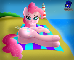 Size: 5075x4154 | Tagged: safe, artist:damlanil, pinkie pie, earth pony, pony, g4, balloonbutt, beach, beach towel, blushing, butt, cute, diapinkes, dock, featureless crotch, female, forest, frog (hoof), glowing cutie mark, grin, happy, lighthouse, looking at you, lying down, mare, ocean, plot, sand, show accurate, smiling, solo, tail, tree, underhoof, vector, water
