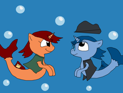Size: 2000x1500 | Tagged: safe, artist:blazewing, oc, oc only, oc:syntax, oc:tough cookie, seapony (g4), unicorn, atg 2022, bubble, clothes, colored background, fedora, female, frown, glasses, hat, male, mare, newbie artist training grounds, palindrome get, seaponified, smiling, species swap, stallion, underwater, vest, water