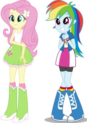 Size: 751x1063 | Tagged: safe, artist:jerrybonds1995, fluttershy, rainbow dash, human, equestria girls, g4, boots, clothes, high heel boots, jacket, shirt, shoes, simple background, skirt, sleeveless, socks, solo, tank top, white background