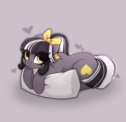 Size: 1654x1595 | Tagged: safe, artist:_alixxie_, oc, earth pony, pony, bow, female, gray background, hair bow, lying down, mare, pillow, prone, simple background, solo