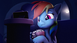Size: 3840x2160 | Tagged: safe, artist:psfmer, rainbow dash, pegasus, pony, g4, 3d, cellphone, female, food, high res, mare, phone, popcorn, revamped ponies, smartphone, solo, source filmmaker, watching, watching tv