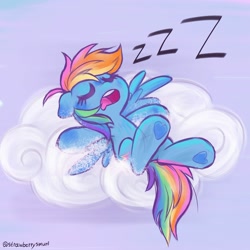 Size: 2000x2000 | Tagged: safe, artist:flutterberrypie, rainbow dash, pegasus, pony, g4, cloud, female, floppy ears, frog (hoof), heart, high res, hoof heart, lying down, lying on a cloud, mare, on a cloud, on back, onomatopoeia, open mouth, purple background, signature, simple background, sleeping, sleeping on a cloud, sleepydash, snoring, solo, sound effects, spread wings, underhoof, wings, zzz