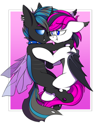 Size: 2304x2812 | Tagged: safe, artist:notetaker, oc, oc only, oc:lance, oc:spatium ventus, bat pony, changeling, pony, blue changeling, cute, duo, heart, high res, multicolored hair, simple background, snuggling
