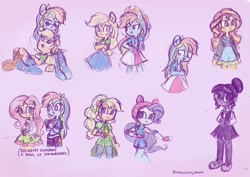 Size: 2048x1448 | Tagged: safe, artist:flutterberrypie, applejack, fluttershy, rainbow dash, rarity, sci-twi, sunset shimmer, twilight sparkle, human, equestria girls, g4, alternate clothes, bowl, c:, clothes, female, food, humanized, lesbian, looking at each other, looking at someone, lying down, purple background, ship:appledash, shipping, simple background, sketch, sketch dump, skirt, smiling, strawberry, traditional art