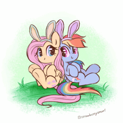 Size: 640x640 | Tagged: safe, artist:flutterberrypie, fluttershy, rainbow dash, pegasus, pony, g4, animated, bunny ears, c:, cute, daaaaaaaaaaaw, duo, duo female, easter, female, folded wings, grass, holiday, hooves to the chest, lesbian, looking at each other, looking at someone, mare, partial background, ship:flutterdash, shipping, signature, simple background, sitting, smiling, wings