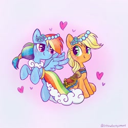 Size: 1200x1200 | Tagged: safe, artist:flutterberrypie, applejack, rainbow dash, earth pony, pegasus, pony, g4, bridesmaid dress, clothes, cute, dashabetes, dress, duo, female, flying, heart, jackabetes, lesbian, looking at each other, looking at someone, ship:appledash, shipping, simple background, smiling, spread wings, wings