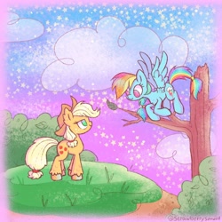 Size: 800x800 | Tagged: safe, artist:flutterberrypie, applejack, rainbow dash, earth pony, pegasus, pony, g4, alternate hairstyle, bush, cloud, duo, female, grass, hill, lesbian, looking at each other, looking at someone, raised hooves, ship:appledash, shipping, spread wings, starry night, stars, tree, unshorn fetlocks, wings