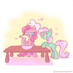 Size: 800x800 | Tagged: safe, artist:flutterberrypie, minty (g4), pinkie pie, earth pony, pony, g4, baking, bedroom eyes, bowl, chef's hat, duo, female, hat, heart, hooves on the table, ladle, lesbian, looking at each other, looking at someone, mixing bowl, raised eyebrows, ship:mintypinkie, shipping, smiling, smiling at each other, table
