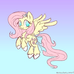 Size: 800x800 | Tagged: safe, artist:flutterberrypie, part of a set, fluttershy, pegasus, pony, g4, alternate hairstyle, aside glance, bow, chest fluff, female, flying, gradient background, hair accessory, looking at you, no pupils, redesign, smiling, solo, spread wings, tail, tail bow, three quarter view, unshorn fetlocks, wings
