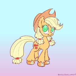 Size: 800x800 | Tagged: safe, artist:flutterberrypie, part of a set, applejack, pony, g4, alternate hairstyle, female, gradient background, redesign, simple background, smiling, solo, unshorn fetlocks