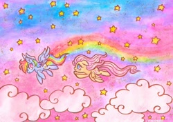 Size: 2047x1447 | Tagged: safe, artist:flutterberrypie, fluttershy, rainbow dash, pegasus, pony, g4, cloud, duo, ear fluff, female, flying, looking at each other, looking at someone, rainbow, rainbow trail, sky, spread wings, starry sky, stars, traditional art, watercolor painting, windswept mane, wings