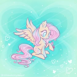 Size: 800x800 | Tagged: safe, artist:flutterberrypie, fluttershy, insect, ladybug, pegasus, pony, g4, abstract background, chest fluff, ear fluff, female, heart, looking at something, looking down, raised hoof, sitting, smiling, solo, spread wings, wings