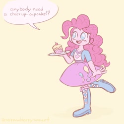 Size: 800x800 | Tagged: safe, artist:flutterberrypie, pinkie pie, human, equestria girls, g4, clothes, cream background, cupcake, cute, dialogue, diapinkes, dress, female, food, happy, raised leg, simple background, solo, speech bubble