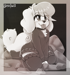 Size: 948x1012 | Tagged: safe, artist:llametsul, fluttershy, diamond dog, g4, :p, atg 2022, black and white, blushing, chest fluff, clothes, collar, cute, diamond dogified, ear fluff, female, female diamond dog, floppy ears, flutterdog, grayscale, kneeling, monochrome, newbie artist training grounds, signature, smiling, socks, solo, species swap, stockings, sweater, thigh highs, tongue out