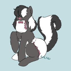 Size: 1000x1000 | Tagged: safe, artist:kirari_chan, oc, oc only, oc:skunkpony, pony, skunk, skunk pony, covered eyes, diaper, diaper fetish, fetish, mouth hold, non-baby in diaper, poofy diaper, solo