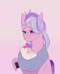 Size: 1382x1692 | Tagged: safe, artist:aztrial, queen haven, zipp storm, pegasus, pony, g5, adorazipp, baby, baby carrier, baby pony, baby zipp storm, bags under eyes, cradling a baby, cute, daaaaaaaaaaaw, duo, female, filly, filly zipp storm, foal, folded wings, looking at someone, looking down, mare, messy mane, mother and child, mother and daughter, simple background, sleeping, smiling, three quarter view, tired, unshorn fetlocks, white background, wings, young, younger
