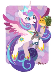 Size: 766x1021 | Tagged: safe, artist:efuji_d, princess flurry heart, smarty pants, whammy, alicorn, pony, g4, adult flurry heart, colored wings, crown, doll, female, flying, heart, heart background, hoof shoes, horn, jewelry, mare, multicolored wings, older, older flurry heart, plushie, regalia, simple background, spread wings, toy, white background, wings