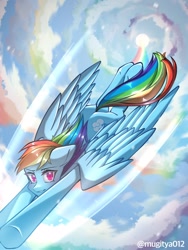 Size: 768x1024 | Tagged: safe, artist:mugitya012, rainbow dash, pegasus, pony, g4, cloud, female, flying, looking at you, mare, rainbow, sky, solo, sun, wings