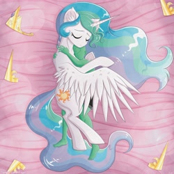 Size: 4000x4000 | Tagged: safe, artist:darkest-lunar-flower, princess celestia, oc, oc:anon, alicorn, human, pony, g4, abstract background, crown, eyes closed, hoof shoes, hug, human on pony snuggling, jewelry, lying down, regalia, smiling, snuggling, winghug, wings