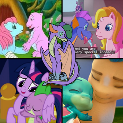 Size: 1280x1280 | Tagged: safe, artist:m4y4h4rm0ny, edit, edited screencap, screencap, baby cuddles, hitch trailblazer, master kenbroath gilspotten heathspike, rarity (g3), sparky sparkeroni, spike, spike (g1), tiddly wink, twilight sparkle, alicorn, breezie, dragon, earth pony, pony, unicorn, g1, g3, g4, g5, my little pony 'n friends, my little pony: make your mark, my little pony: make your mark chapter 1, the end of flutter valley, the runaway rainbow, spoiler:my little pony: make your mark, baby, baby dragon, baby pony, cuddlebetes, cute, female, g1 spikabetes, g3 raribetes, hitchbetes, hug, male, mare, sparkybetes, spikabetes, stallion, tiddlybetes, twiabetes, twilight sparkle (alicorn), winghug, wings
