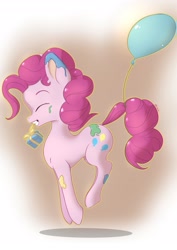 Size: 1771x2508 | Tagged: safe, artist:playful wings, pinkie pie, earth pony, pony, g4, balloon, eyes closed, gradient background, happy, jumping, messy, paint, present, smiling, solo