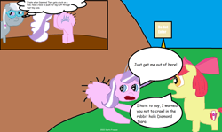 Size: 2040x1212 | Tagged: safe, artist:coltfan97, apple bloom, diamond tiara, silver spoon, earth pony, pony, g4, 1000 hours in ms paint, butt, buttstuck, comic sans, diamond buttiara, plot, rabbit hole, silver spoon is not amused, stuck, through wall, unamused