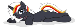 Size: 3936x1428 | Tagged: safe, artist:arshe12, oc, oc only, oc:velvet remedy, pony, unicorn, fallout equestria, bedroom eyes, belly button, bomb collar, collar, commission, eyebrows, female, high res, horn, looking at you, lying down, on side, open mouth, open smile, simple background, slave, slave collar, smiling, smiling at you, solo, transparent background, unicorn oc, ych result