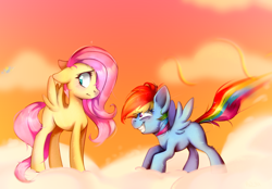 Size: 2586x1803 | Tagged: safe, artist:pozya1007, derpy hooves, fluttershy, rainbow dash, pegasus, pony, g4, blank flank, blushing, cloud, duo, duo focus, female, floppy ears, flying, grin, hair over one eye, high res, landing, looking at someone, looking away, on a cloud, outdoors, sky, smiling, spread wings, wings, younger