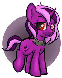 Size: 2194x2762 | Tagged: safe, artist:dumbwoofer, oc, oc only, oc:ilygredd, goo, goo pony, original species, pony, unicorn, fallout equestria, bomb collar, collar, female, high res, looking at you, mare, raised eyebrow, simple background, slave, slave collar, smiling, smiling at you, solo, tail, transparent background