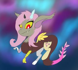 Size: 2000x1800 | Tagged: safe, artist:starscatterart, fluttershy, draconequus, g4, abstract background, atg 2022, draconequified, flutterequus, newbie artist training grounds, psychedelic, snaggletooth, solo, species swap