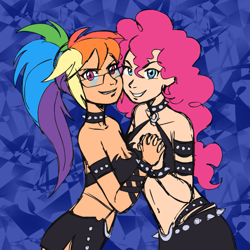 Size: 945x945 | Tagged: safe, artist:megasweet, color edit, edit, pinkie pie, rainbow dash, human, g4, bare shoulders, belly button, clothes, colored, cosplay, costume, crossover, daemon kneesocks, daemon scanty, duo, female, glasses, holding hands, humanized, lesbian, light skin, panty and stocking with garterbelt, ponytail, rainbow dork, sexy, ship:pinkiedash, shipping, sleeveless, strapless, stupid sexy pinkie, stupid sexy rainbow dash