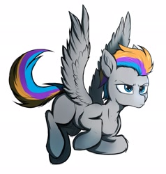 Size: 1950x2048 | Tagged: safe, artist:tatykin, oc, oc only, oc:pixel codec, pegasus, pony, flying, gradient hooves, male, simple background, solo, spread wings, stallion, white background, wings