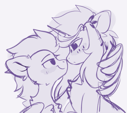 Size: 747x663 | Tagged: safe, artist:little-sketches, oc, oc only, oc:pixel codec, oc:raiko, pegasus, pony, unicorn, blushing, chest fluff, gay, horn, looking at each other, looking at someone, male, pegasus oc, simple background, sketch, stallion, unicorn oc, wings